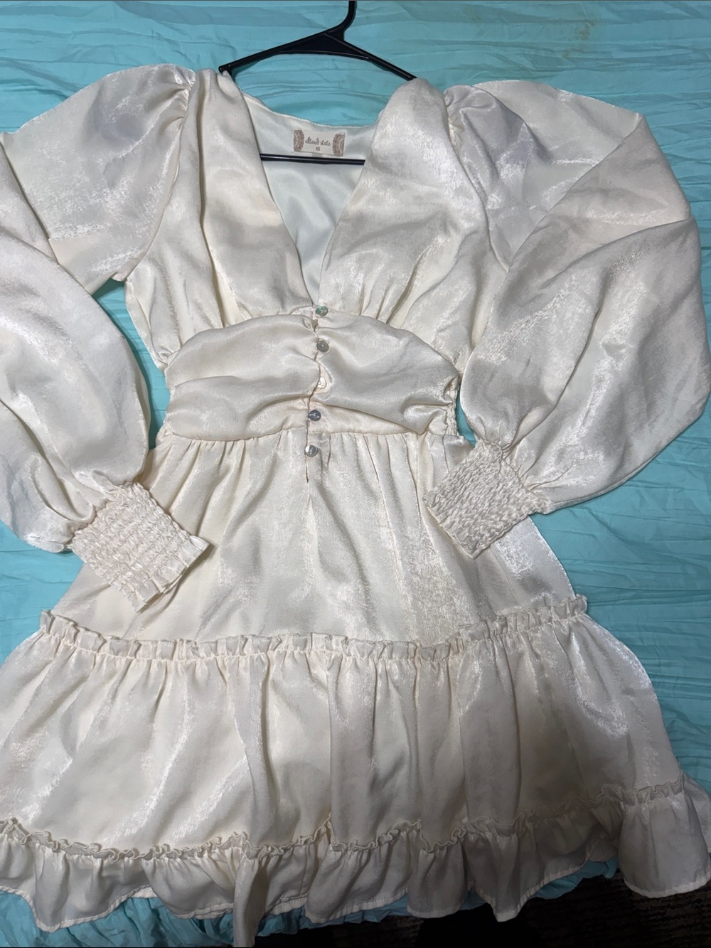 Altar'd State Cream Satin Puff Sleeve Mini Dress